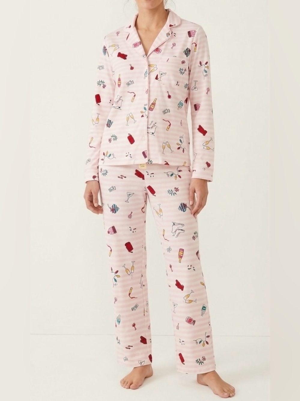 Kate Spade Pink Festive Holiday Winter Print Long Sleeve Jersey Pajama Set